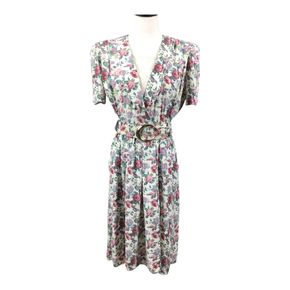 Vintage S. L. Petites Floral V-Neck Midi Dress with Belt Floral Size 8 Pockets